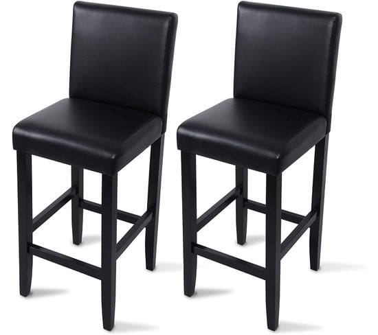 Lot De 2 Tabourets De Bar- Pieds En Bois-chaises Avec Dossier En Cuir Synthétique-41x43x110 cm-noir