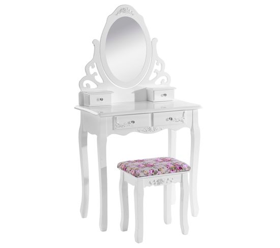 Coiffeuse Table Maquillage Avec Miroir Et 4 Tiroirs.coiffeuse En Mdf+bois De Pin.75x139x40 cm.blanc