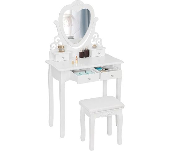 Coiffeuse Table De Maquillage Avec Miroir+4 Tiroirs.coiffeuse En Mdf+bois De Pin.68x138x40 cm.blanc