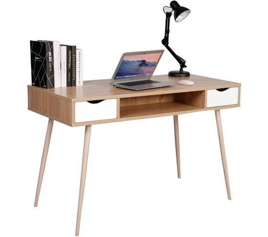 Bureau D'ordinateur En Métal+bois.table De Bureau Avec 2 Tiroirs Et 1 Compartiment Ouvert.chêne