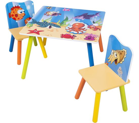 Ensemble Table+chaises Avec Motifs Imprimé Océan.1xtable Enfant+2 Chaises Enfants D'âge Préscolaire