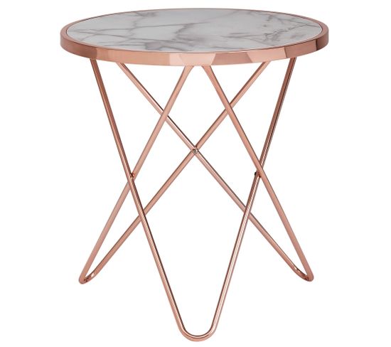 Design Table D'appoint Aspect Marbre Blanc Ø 55 Table De Salon Cuivre Rond