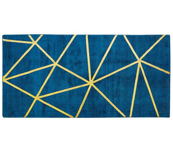 Tapis En Viscose Et Coton Bleu Marine Et Doré à Motif Géométrique Avec Craquelures 80 X 150 Cm Havza