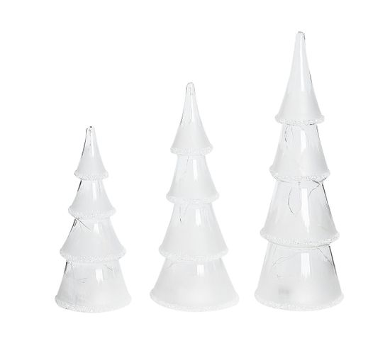 Lot De 3 Statuettes Déco Sapins De Noël Blancs Avec LED Kierinki