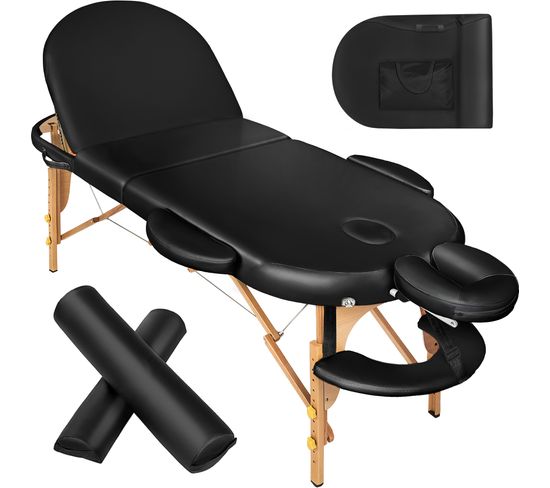 Table De Massage Ovale 3 Zones Avec Rembourrage De 5cm Et Châssis En Bois Et Rouleaux - Noir