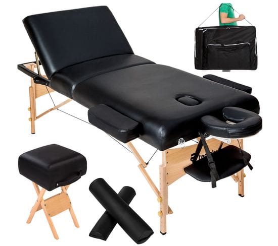 Set De Table De Massage 3 Zones Avec Rembourrage De 10cm Et Châssis En Bois - Noir