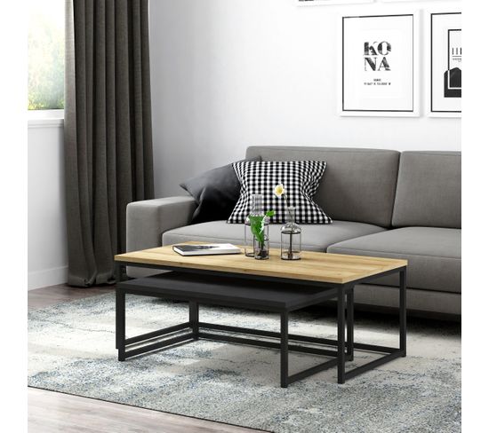 set tables basses twins imitation chene et noir table basse but