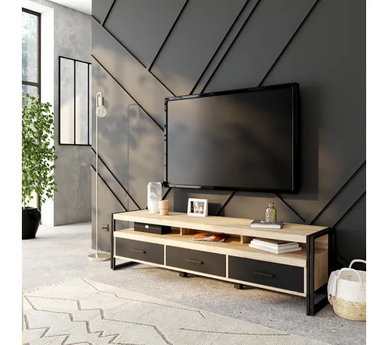 Meuble TV 170 cm PARKER Imitation chêne et noir
