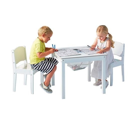 Ensemble Table De Jeu Enfant Avec Rangement Et 2 Chaises Enfant Blanche