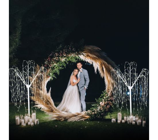 Décoration De Mariage - Combo Arche Circulaire Dorée et 2 Saules Pleureur Lumineux 180cm Blanc Chaud