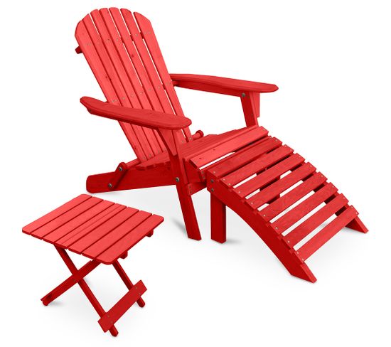 Adirondack Table De Jardin + Chaise Longue + Repose-pieds En Bois - Set - Anela Rouge