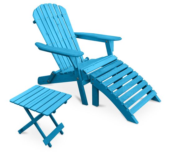 Adirondack Table De Jardin + Chaise Longue + Repose-pieds En Bois - Set - Anela Turquoise