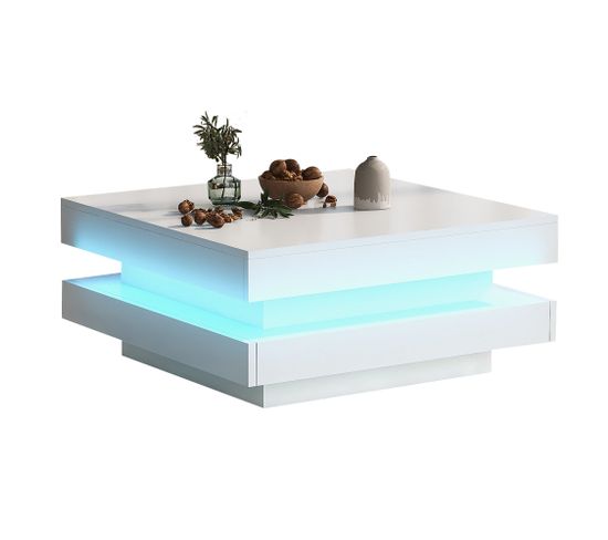Table Basse Carrée Blanc Avec LED, 70x70x36 Cm