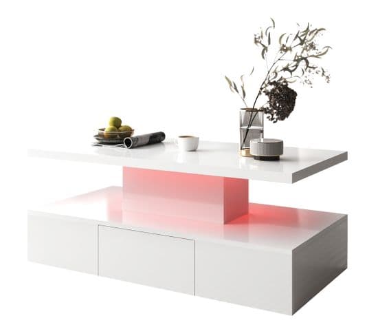 Table Basse Avec 1 Tiroir Et LED En Blanc