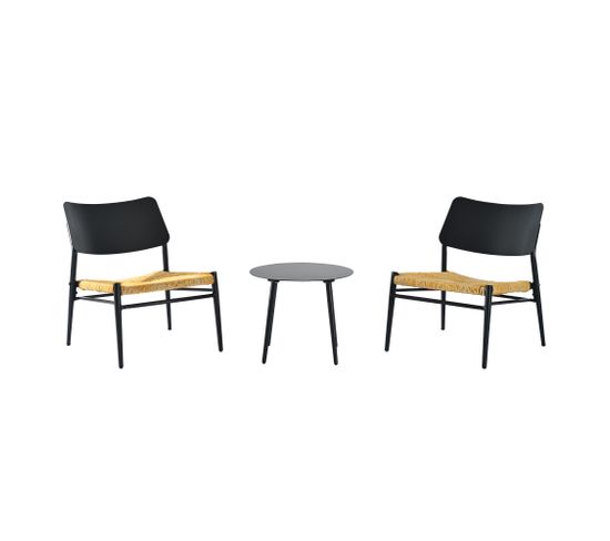 Salon De Jardin Pour 2 Personnes, Comprenant Une Table Basse Et Deux Chaises En Aluminium Noir