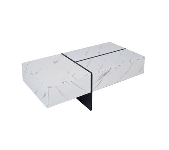 Table Basse Brillante Avec LED Et 3 Tiroirs, Placage Marbre, Blanc