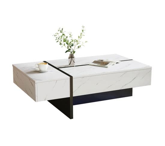 Table Basse Brillante Avec LED Et 3 Tiroirs, Placage Marbre, Blanc 105*60*35cm