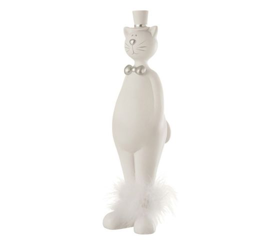 Statuette Déco "chat Avec Chapeau" 33cm Blanc et Argent