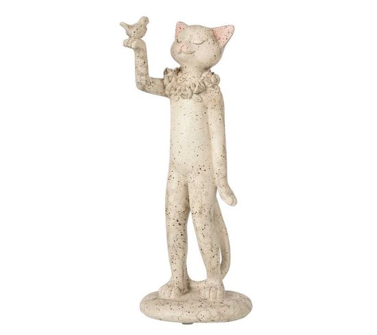 Statue Déco "chat Avec Oiseau" 27cm Gris