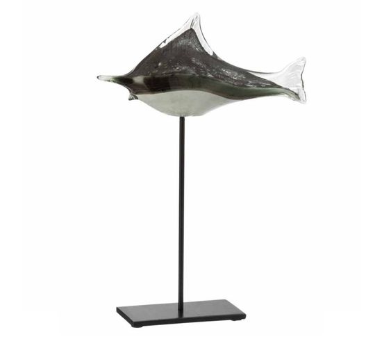 Statue Déco En Verre "poisson" 41cm Gris et Noir