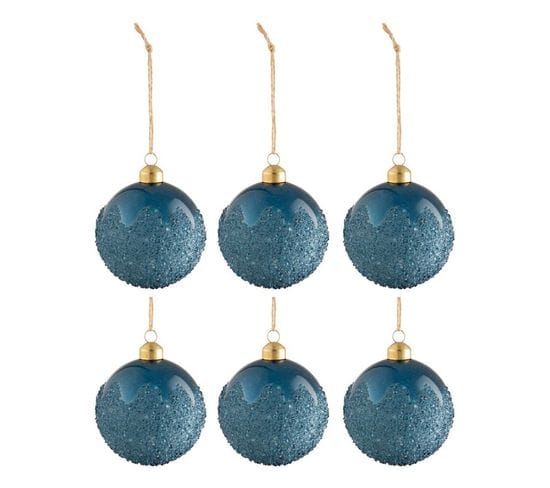Lot De 6 Boules De Noël "givrées" 8cm Bleu