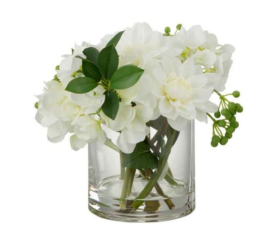 Plante Artificielle et Vase "dahlia Hydrangea" 21cm Blanc
