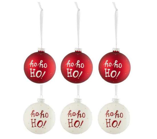 Lot De 6 Boules De Noël "ho Ho Ho" 8cm Rouge et Blanc