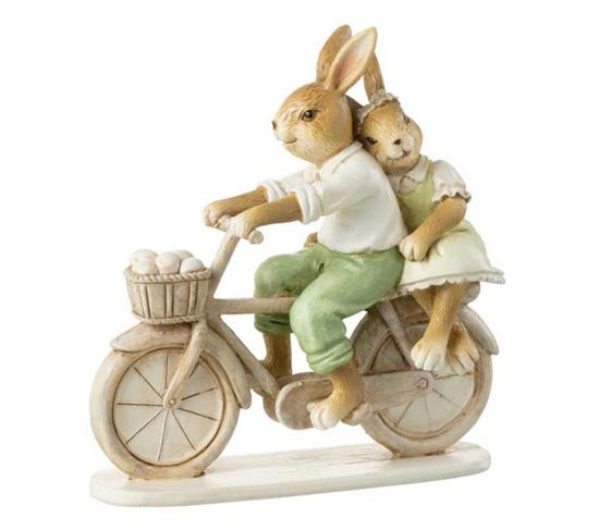 Statuette Déco "lapin Couple Vélo" 15cm Multicolore