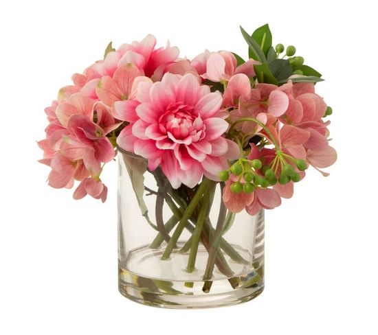 Composition Florale En Vase "hortensia" 25cm Rose