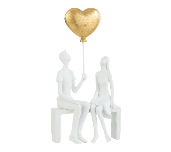Statuette Déco Couple Assis "cœur" 23cm Blanc