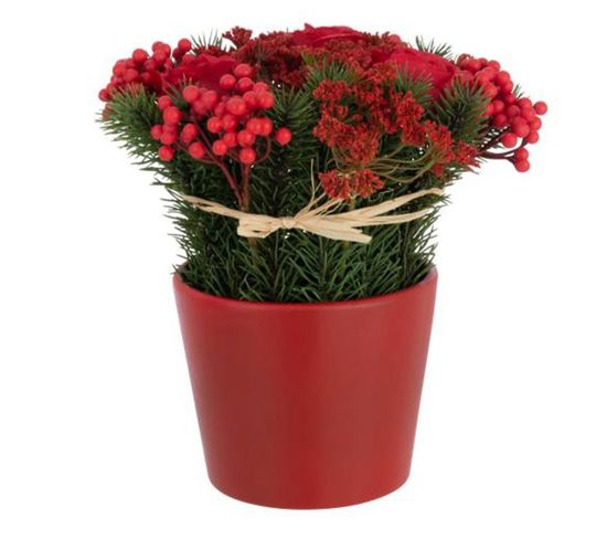 Composition Florale Pot "roses et Baies" 25cm Rouge