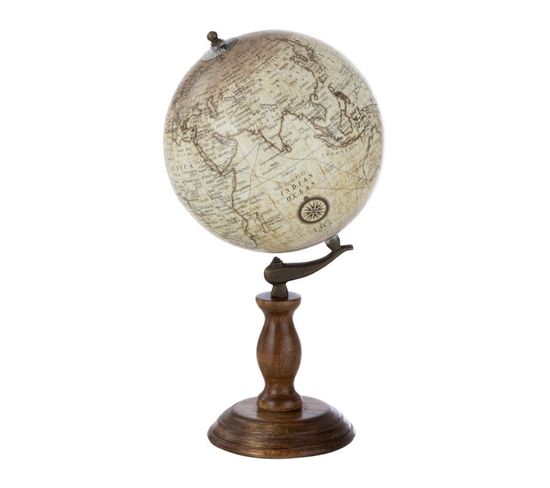 Globe Sur Pied En Bois "terrestre" 40cm Marron et Beige
