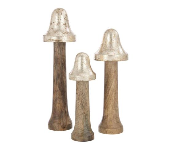 Lot De 3 Statuettes "champignons Fins" 30cm Naturel et Or