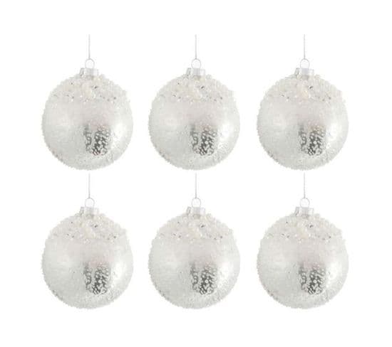 Lot De 6 Boules De Noël "perle" 29cm Argent et Blanc