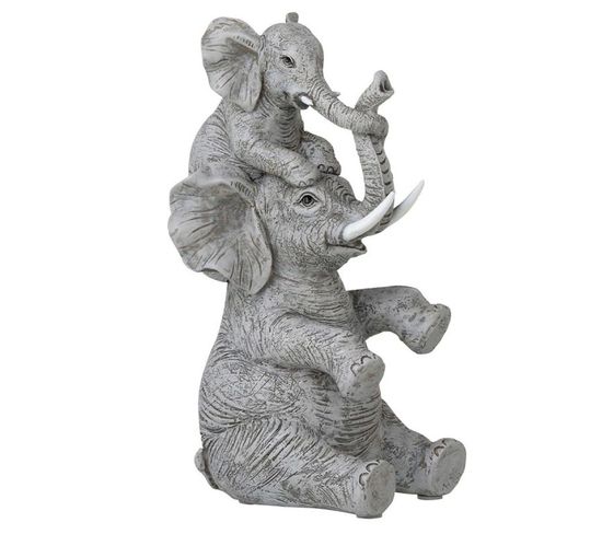 Statuette Déco "éléphant Avec Enfant" 23cm Gris