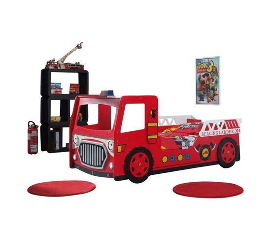 Pack - Lit Enfant Et Matelas "camion De Pompier" 90x200cm Rouge