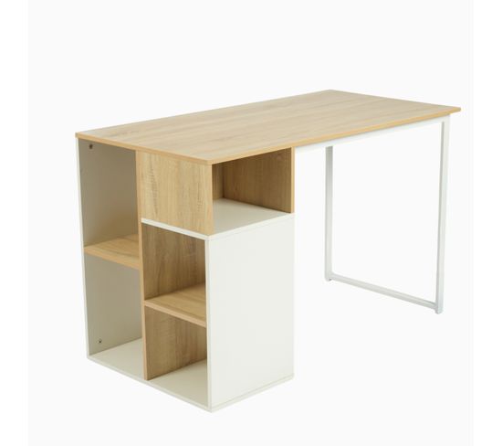Bureau  scandinave moderne avec étagères rangement blanc et bois de chêne Robuste et Spacieux