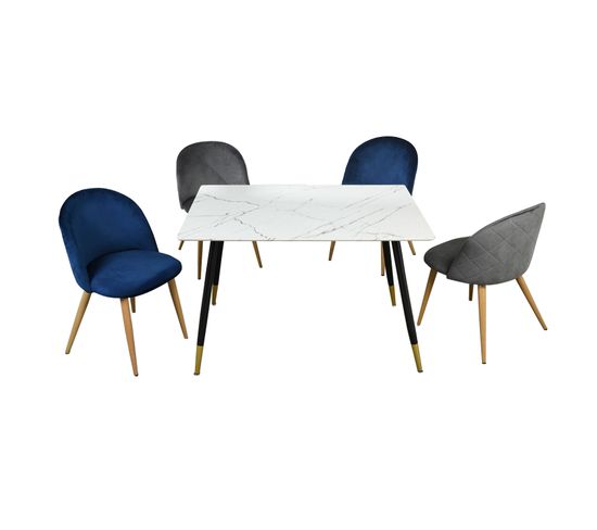Ensemble Table Et 4 Chaises Scandinave Effet Marbre Et Velours Gris/ Bleu Marine