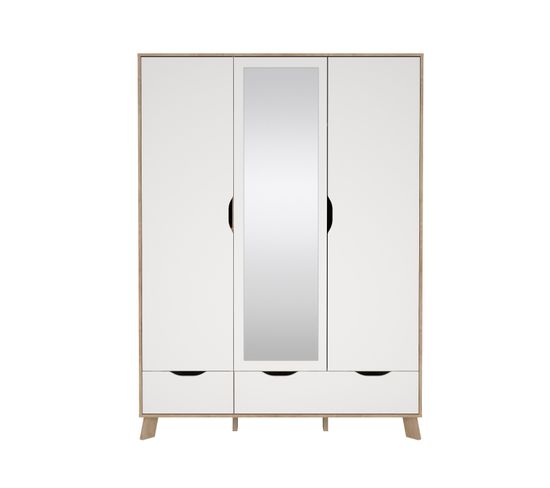 Armoire 3 portes 2 tiroirs IKAST miroir imitation chêne