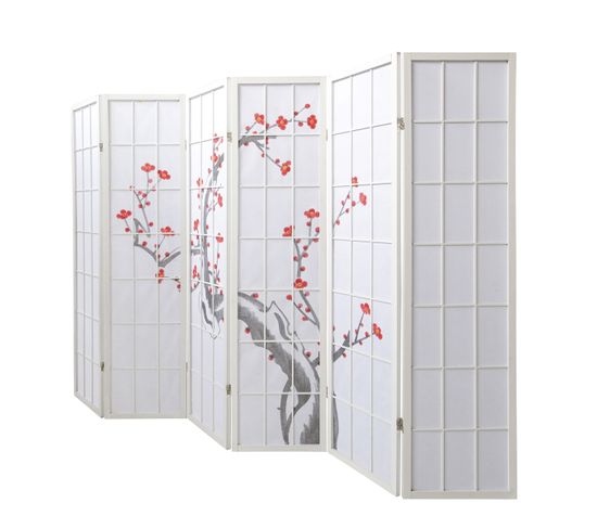 Paravent Japonais Fleur De Cerisier En Bois Blanc De 6 Pans, L264 X H175 X P2 Cm