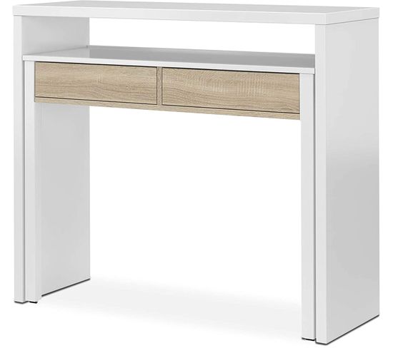 Table Console Extensible Convertible En Bureau Coloris Blanc Et Chêne.