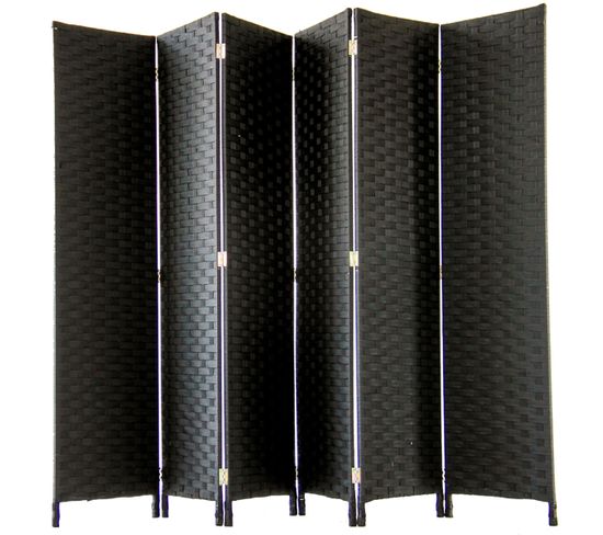 Paravent De 6 Pans Tressé En Fibres Synthètiques, Coloris Noir - Dim : H170 X L240 cm