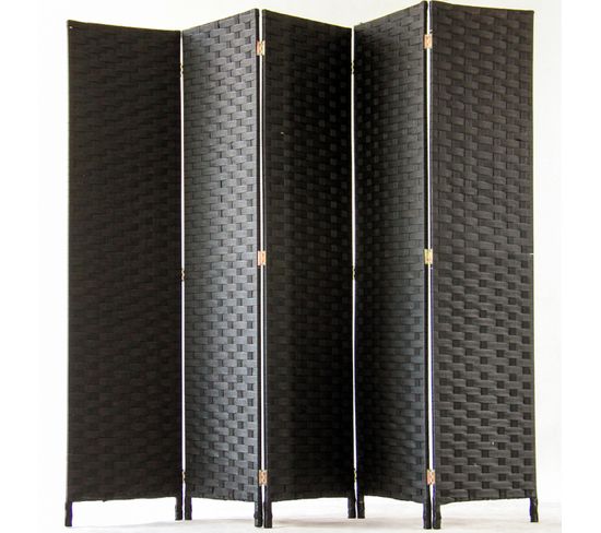 Paravent De 5 Pans Tressé En Fibres Synthètiques, Coloris Noir - Dim : H170 X 200 cm