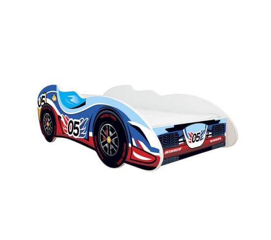 Lit Enfant Voiture Formule 1 Modèle 05 Car Bleu Et Rouge + Matelas - 70x140 Cm