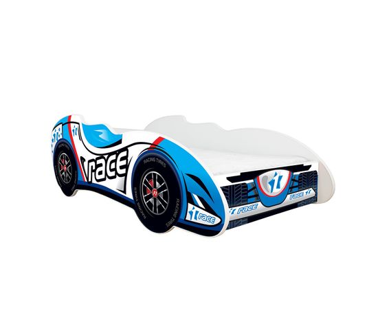 Lit Enfant Voiture Formule 1 Modèle Race Car Bleu + Matelas - 70x140 Cm