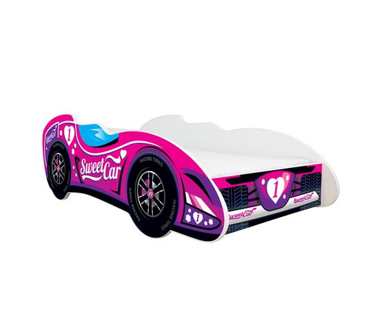 Lit Enfant Voiture Formule 1 Modèle Sweet Car Rose + Matelas - 70x140 Cm