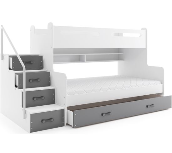 lit 3 places max 3 200x80 et 200x120 avec matelas sommier tiroir et escalier en blanc gris lit superpose mezzanine but