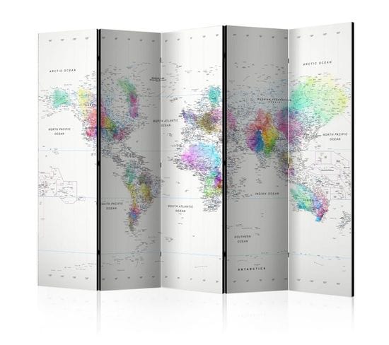 Paravent 5 Volets " White Colorful World Map" 172x225cm