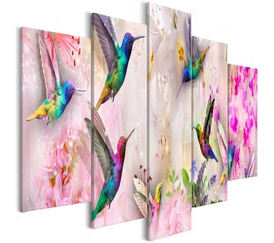 Tableau 5 Panneaux "colourful Hummingbirds Wide Pink" 100 X 200 Cm