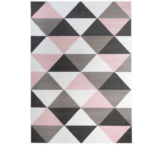 Tapis De Chambre Enfant Rose Gris Blanc Noir Triangles Doux Fin Pinky 80x150